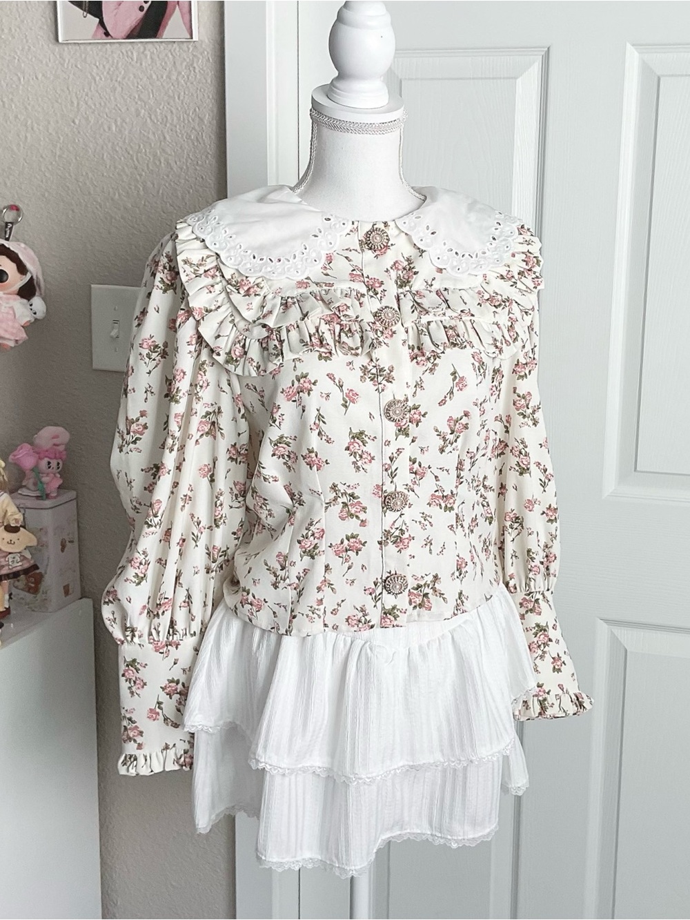 Sister Jane Floral Ruffled Babydoll Blouse with Eyelet Peter Pan Collar